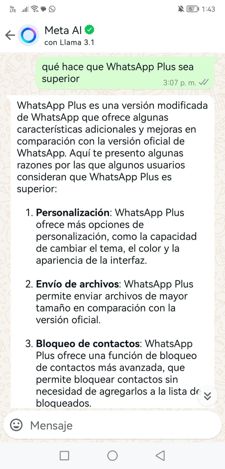 Meta AI nos responde sobre WhatsApp Plus (Depor)