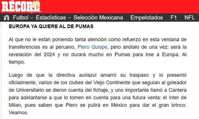 La información del diario Récord de México sobre Piero Quispe.