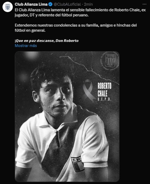 Pronunciamiento de Alianza Lima tras el fallecimiento de Roberto Chale.