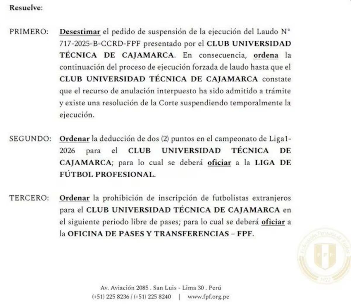 Resolución de la FPF con sanción a UTC. (Foto: Difusión)