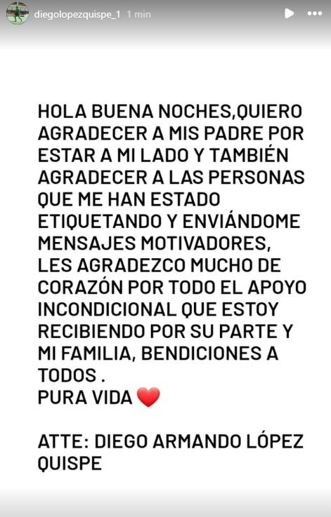 El mensaje de Diego López, arquero de Unión Comercio, tras el 12-0 ante Sporting Cristal. (Captura)