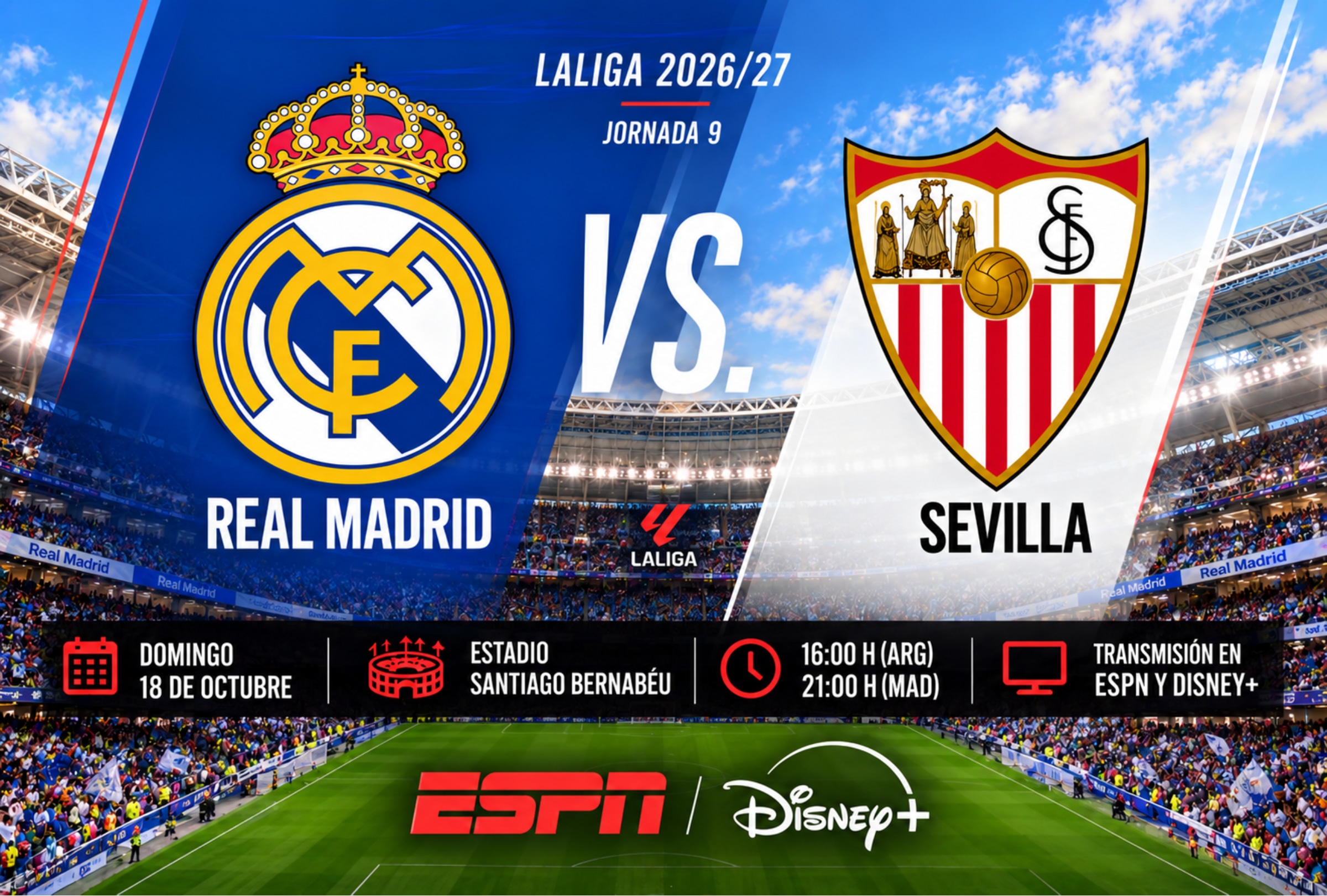 MADRID (ESPAÑA), 18/10/2026.- Cobertura oficial de ESPN (Disney Plus Premium) EN VIVO ONLINE EN DIRECTO para ver el partido Real Madrid vs. Sevilla hoy por la fecha 9 de LaLiga EA Sports 2026-27 en el estadio Santiago Bernabéu. FOTO DE NOÉ YACTAYO