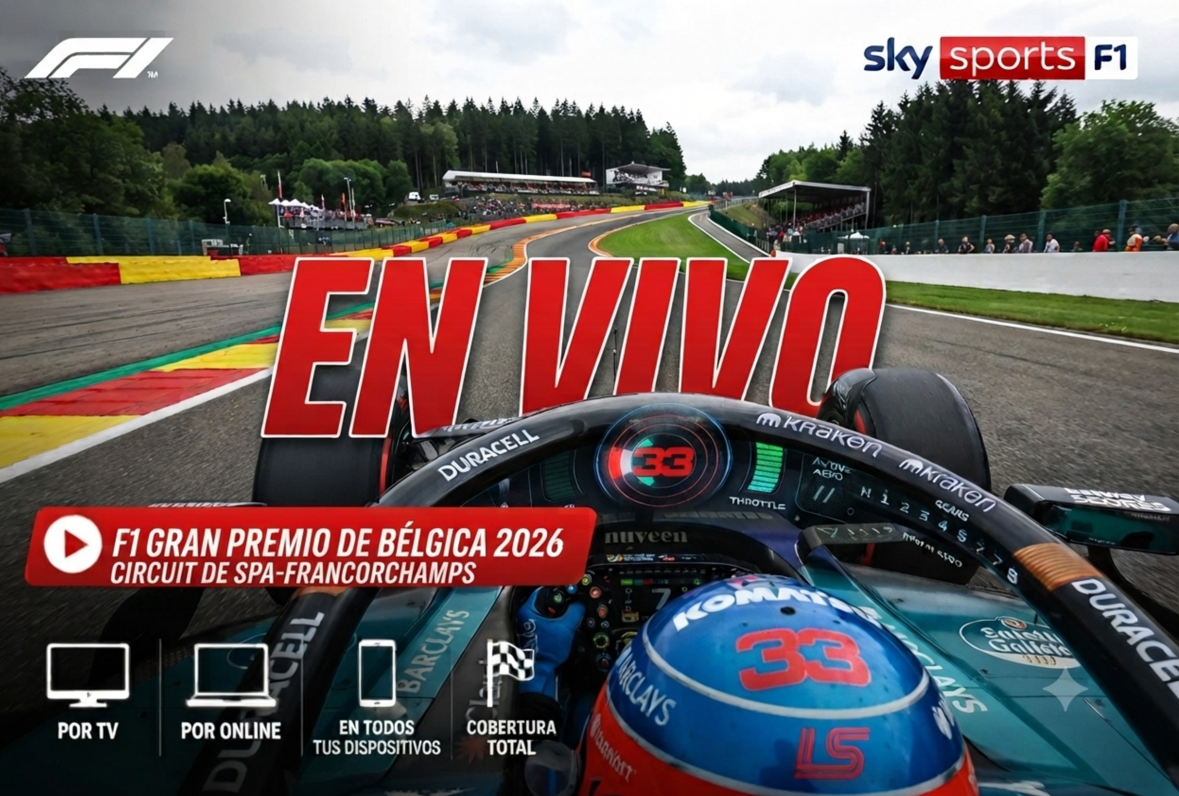 LIEJA, BÉLGICA, 19/07/2026.- Izzi y SKY Sports transmitirá EN DIRECTO la carrera del Gran Premio de Bélgica 2026 hoy domingo 19 de julio del 2026 que se realizará en el Circuito de Spa-Francorchamps, LIEJA, BÉLGICA. FOTO: Imagen creada por Gemini.