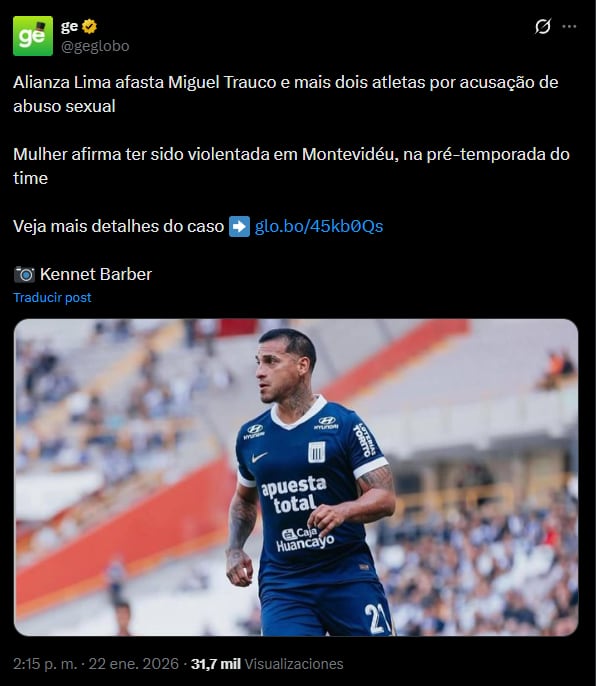 Medios internacionales reaccionan al caso de abuso sexual cometido por parte de 3 jugadores de Alianza Lima | Foto: X