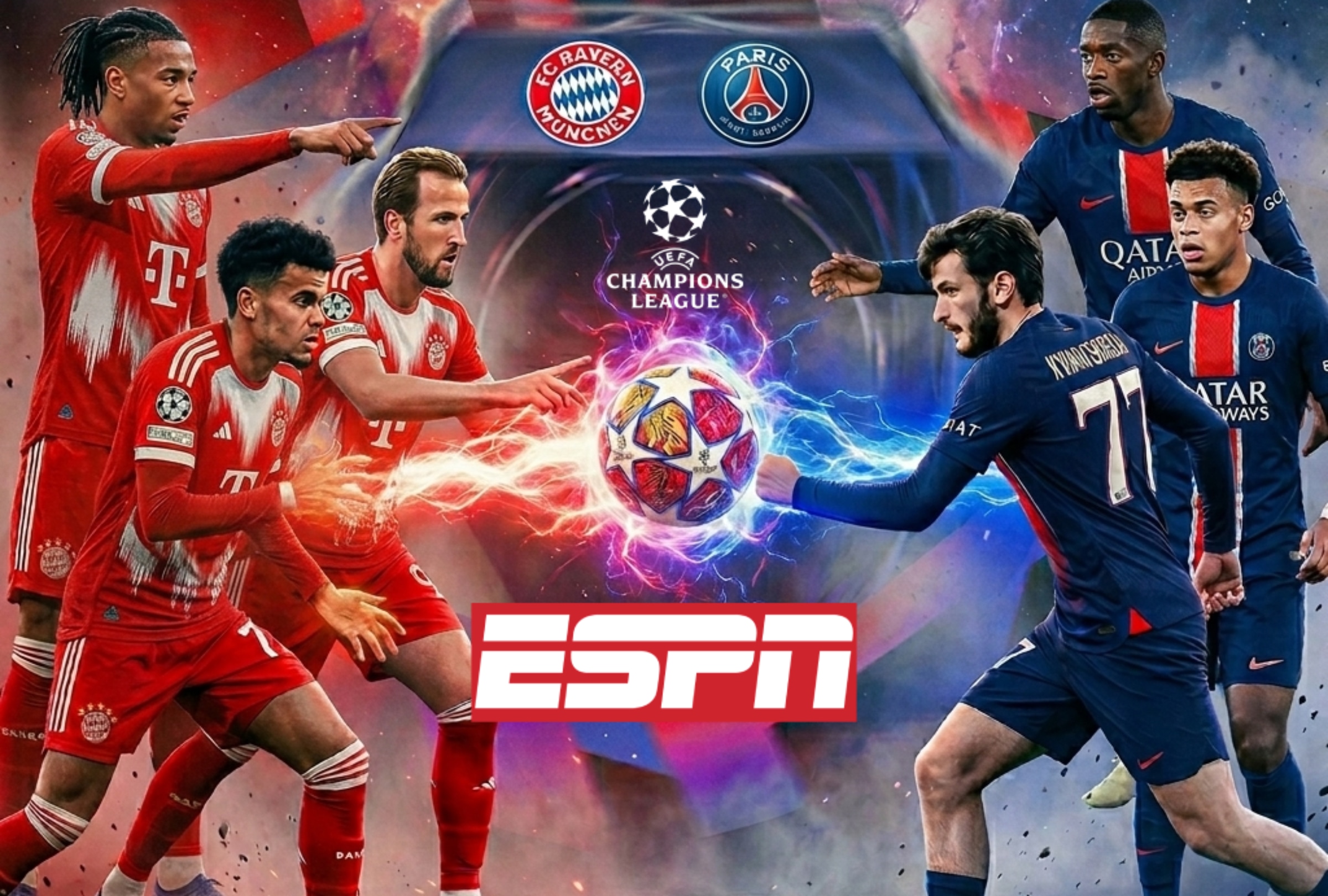 PARÍS (FRANCIA), 06/05/2026.- Cobertura de oficial de ESPN EN VIVO EN DIRECTO para ver el partido entre Bayern Múnich y PSG, con Luis Díaz, por la vuelta de la semifinal de la UEFA Champions League 2025-26 desde el estadio Allianz Arena de Múnich, Alemania. IMAGEN CREADA POR NOÉ YACTAYO CON GEMINI AI DE GOOGLE