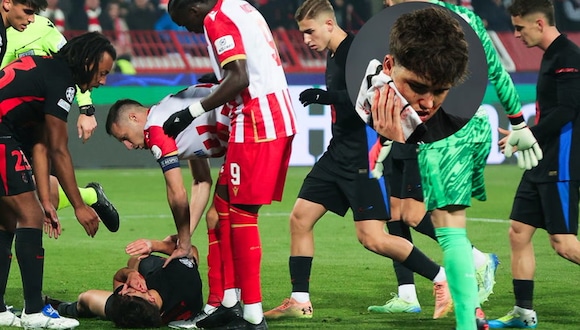 La brutal patada que recibió Pau Cubarsí en el rostro por parte de su rival de Estrella Roja, por la fecha 4 de la Champions League.