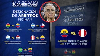 Conmebol designa árbitros para choques de Perú ante Colombia y Ecuador por Eliminatorias
