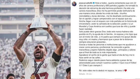 José Carvallo anunció su retiro del fútbol profesional. (Video: @josecarvallo86)