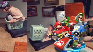 Una joven “jugó” Mario Kart en casa con un cesto de ropa y una caminadora