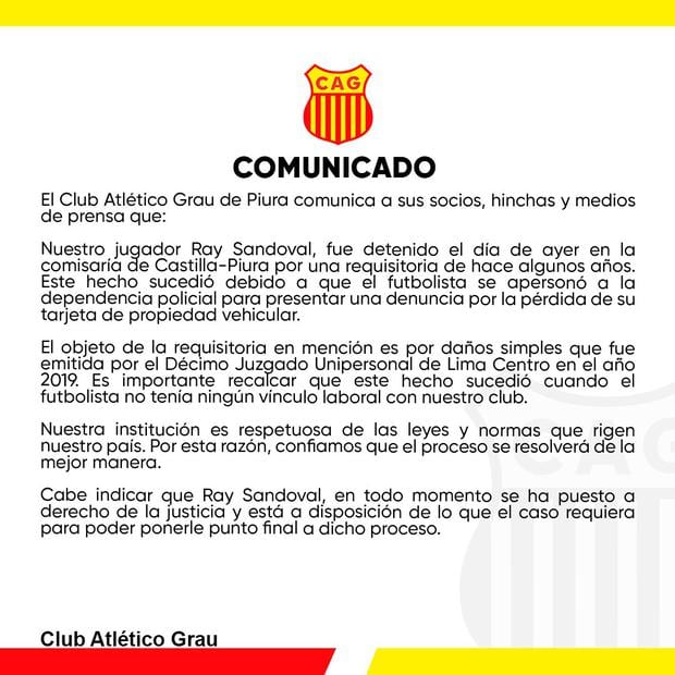 Comunicado de Atlético Grau sobre Ray Sandoval. (Foto: Twitter)