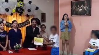 Acabó la primaria y su familia le organizó una ceremonia de graduación en casa para entregarle su diploma