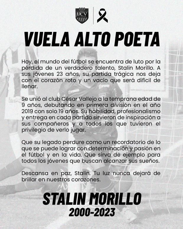 Comunicado de César Vallejo sobre el fallecimiento de Stalin Morillo. (Foto: César Vallejo)