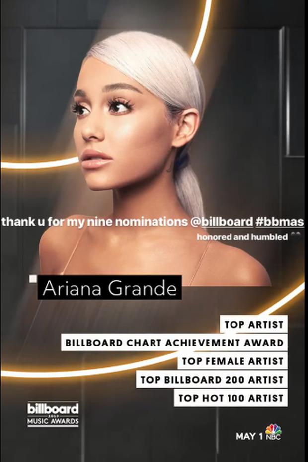 Ariana Grande se siente agradecida por sus nominaciones a los Billboard 2019 (Foto: Instagram)