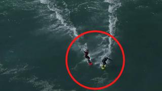 ¡Casi no la cuentan! Surfistas sufren espectacular choque mientras montaban gigantesca ola