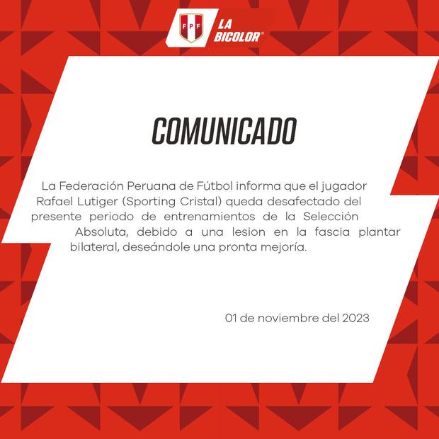 Rafael Lutiger quedó fuera del microciclo de la Selección Peruana, por una lesión. (Foto: @SeleccionPeru)