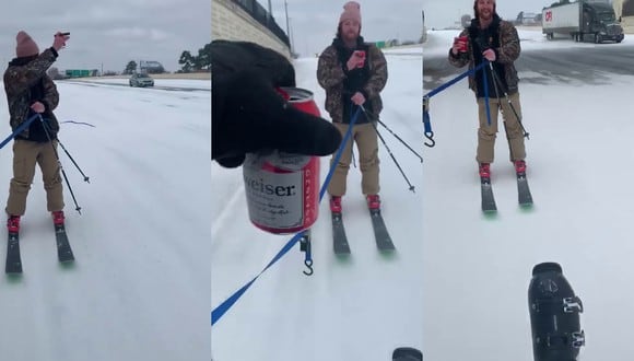 Un video viral muestra el imprudente accionar de un sujeto al que no se lo ocurrió mejor idea que ponerse a esquiar en una autopista cubierta de hielo y nieve. | Crédito: Travis Mcgullam / Facebook.