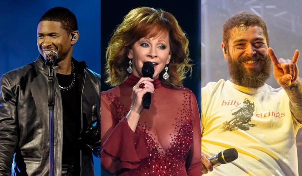 Usher, Reba McEntire y Post Malone será los cantantes del medio tiempo del Super Bowl LVIII. (Foto: Composición).