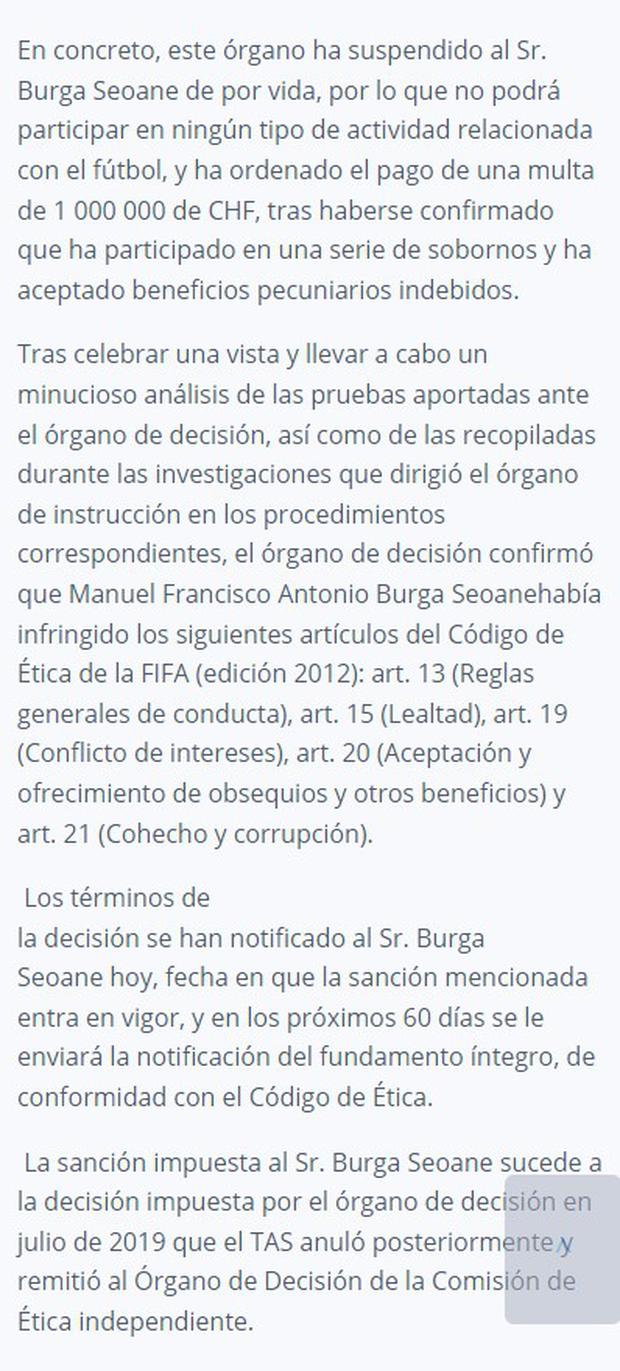 Documento de FIFA sobre sentencia a Manuel Burga. (Foto: FIFA.com)