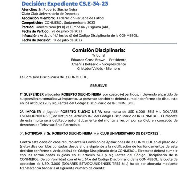 Roberto Siucho recibió cuatro fechas de suspensión. (Foto: CONMEBOL)
