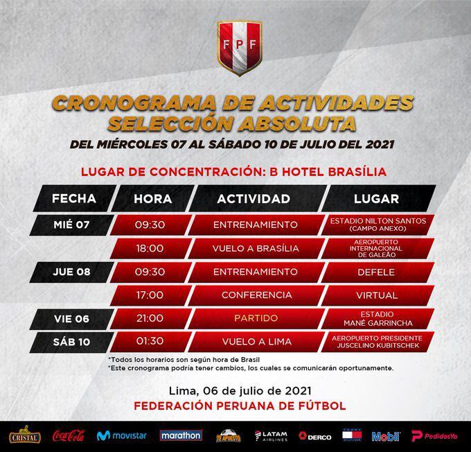 Cronograma de la Selección Peruana en la semana final de la Copa América. (Foto: FPF)