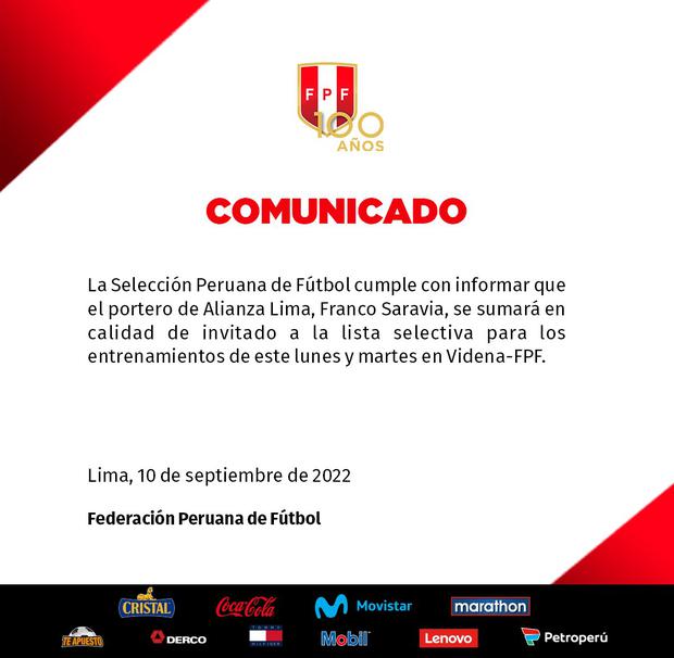 El comunicado de la selección peruana anunciando el nombramiento de Franco Saravia.  (Foto: Selección de Perú)