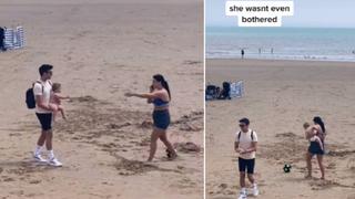 Madre tiene una inesperada reacción al encontrar a su bebé que se había perdido en una playa