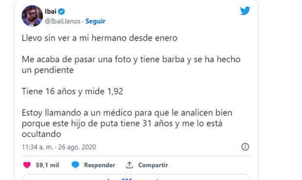 The 2020 tweet in which he jokes about his younger brother's physical appearance (Photo: Ibai Llanos / Twitter)