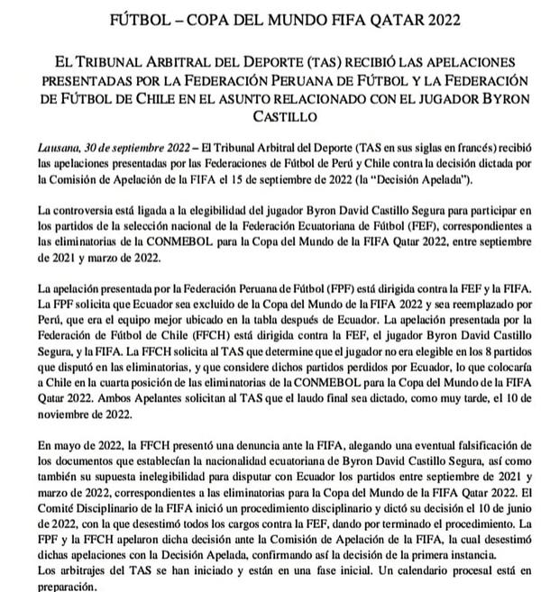 Federación Peruana de Fútbol (FPF) apeló al TAS por el caso Byron Castillo (Difusión)