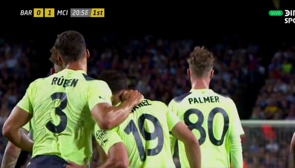 Julián Álvarez anota el 1-0 de Manchester City vs Barcelona. (Foto: Captura DIRECTV)