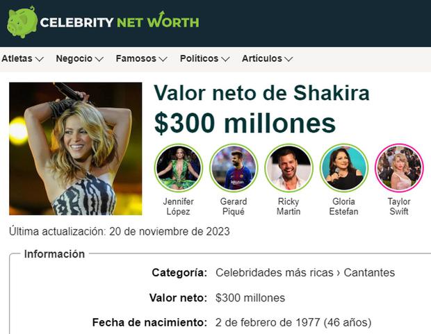 La fortuna de Shakira es de 300 millones de dólares (Foto: Celebrity Net Worth)