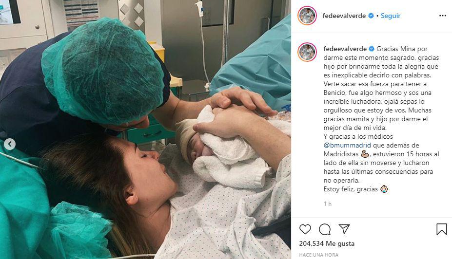 Esta fue la publicación de Federico Valverde al convertirse en padre. (Foto: Instagram)
