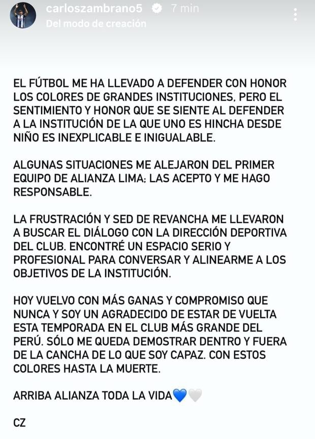 Mensaje de Carlos Zambrano tras volver a Alianza Lima. (Foto: Instagram)