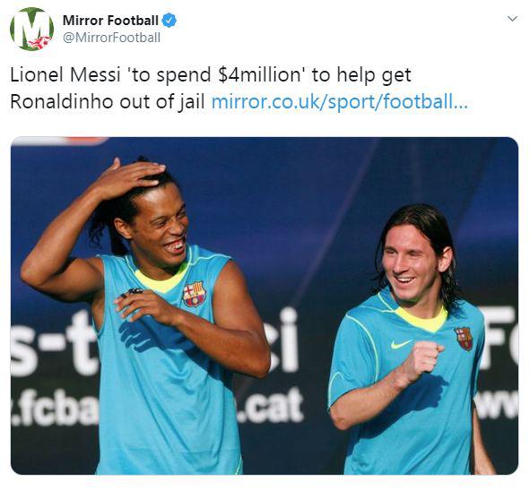 Según 'Mirror Football', Lionel Messi ayudaría a Ronaldinho a salir de la prisión en Paraguay. (Foto: Captura)