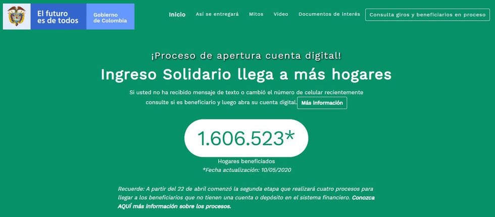 El Gobierno colombiano, a través de la web de DNP, informa la cifra de personas ayudadas con el Ingreso Solidario.