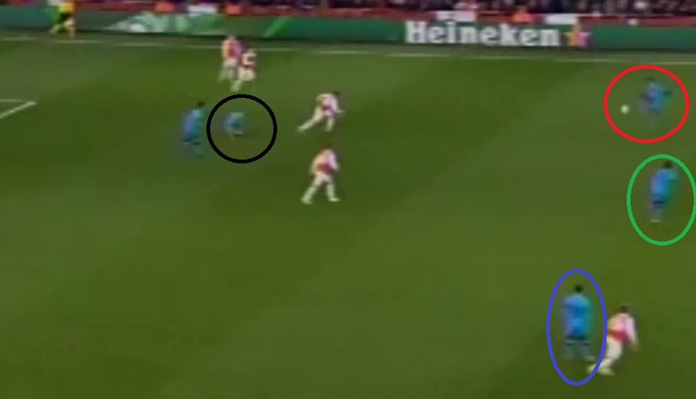 Andrés Iniesta (negro) intercepta un ataque del Arsenal y Neymar recupera el balón. Suárez (verde) y Messi (azul) ya se encuentran alertas a la jugada. (Captura América TV)