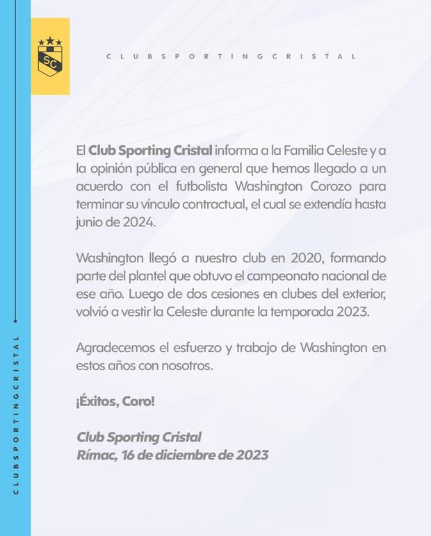El comunicado de Sporting Cristal en redes sociales. (Foto: Sporting Cristal)