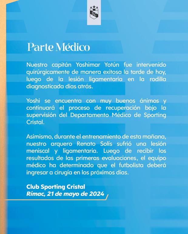Parte médico de Sporting Cristal sobre sus jugadores Yoshimar Yotún y Renato Solis. (Sporting Cristal)