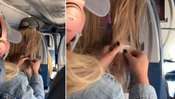 Un video viral muestra cómo una pasajera de avión le pega chicle en el cabello a una mujer. (Foto: Rick’s Funny Friends / Facebook)