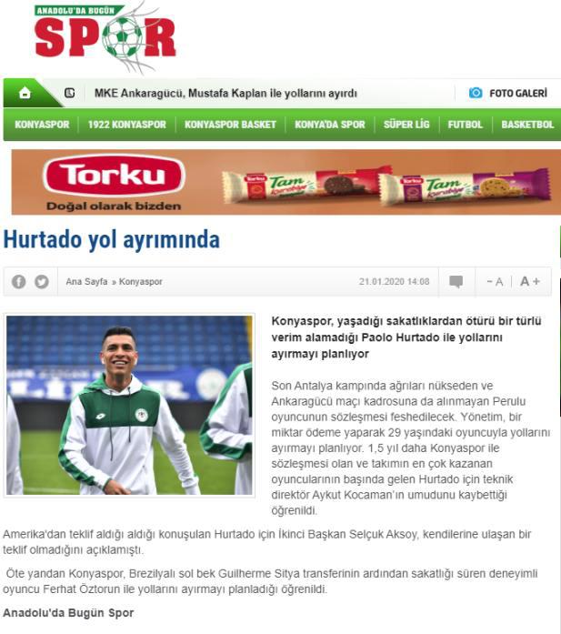 El portal Anadoluda Bugün Spor informa sobre la situación de Paolo Hurtado. (Foto: Captura)