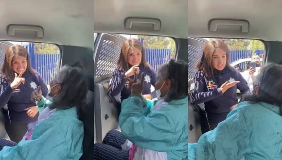 Una oficial de policía en México que explicó a través de la lengua de señas cómo sería la vacunación contra el Covid-19 a una anciana con discapacidad auditiva conquistó los corazones de las redes sociales. | Crédito: @seguridadneza / Twitter