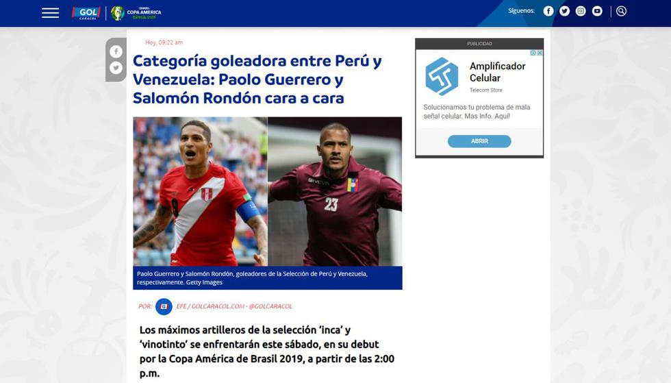 Así vive la prensa sudamericana el enfrentamiento entre Paolo Guerrero y Salomón Rondon. (Captura)