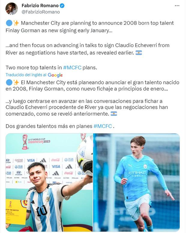Fabrizio Romano confirma que Manchester City busca fichar a Finley Gorman y Claudio Echeverri. (Foto: X).