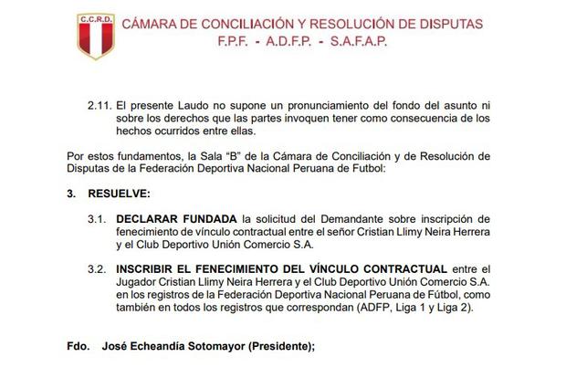 Documento que certifica el fallo de la Cámara de Conciliación y Resolución de Disputas de la FPF a favor del futbolista Christian Neira. (Imagen: Difusión)