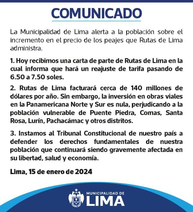 Comunicado de la Municipalidad de Lima sobre el aumento de peaje. (Foto: Municipalidad de Lima)