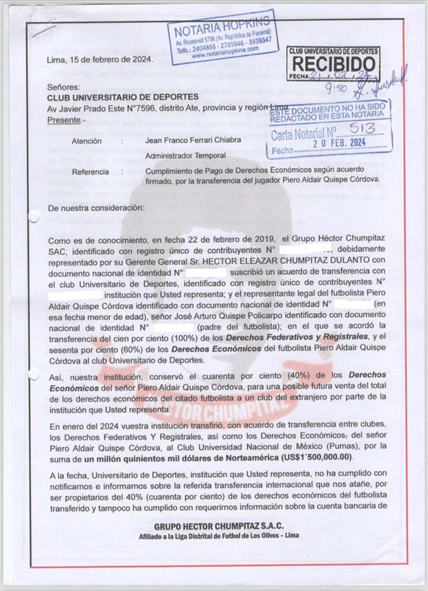 Esta es la carta notarial enviada a Jean Ferrari. En ella, el Grupo Chumpitaz exige el pago del 40% de los derechos económicos por la venta de Piero Quispe a Pumas.