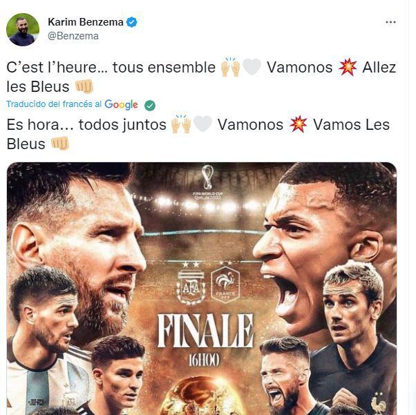 El mensaje de Benzema para Francia de cara la final del mundo ante Argentina.