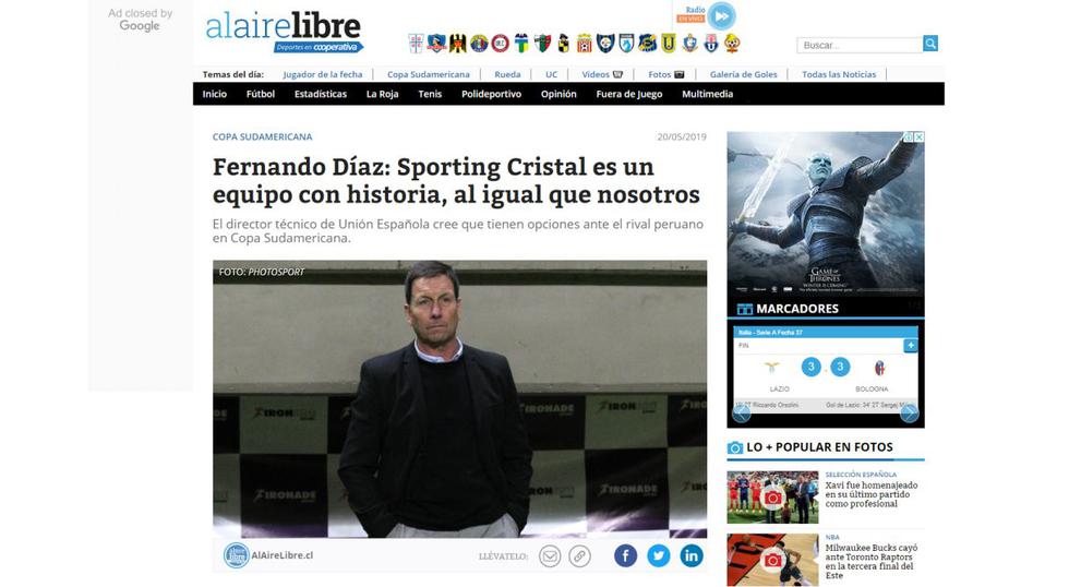 La prensa chilena informó sobre el choque Sporting Cristal ante Unión Española. (Captura)