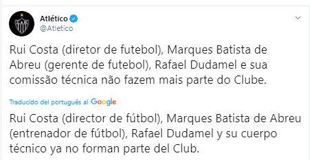 Así dieron al anuncio del despido de Rafael Dudamel en el conjunto del Atlético Mineiro. (Foto: Twitter)