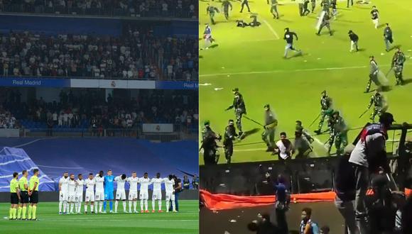Minuto de silencio en el estadio Santiago Bernabéu por lo ocurrido en el fútbol de Indonesia. (Foto: Composición Getty Images | Captura Twitter)