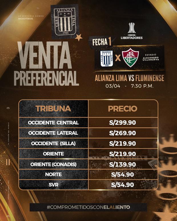 Las entradas para el Alianza Lima vs. Fluminense ya están a la venta.